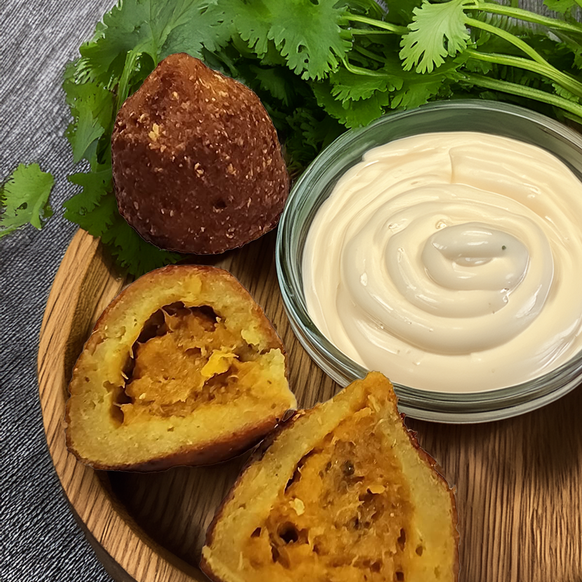 Crispy alcapurria bites stuffed with crab salmorejo